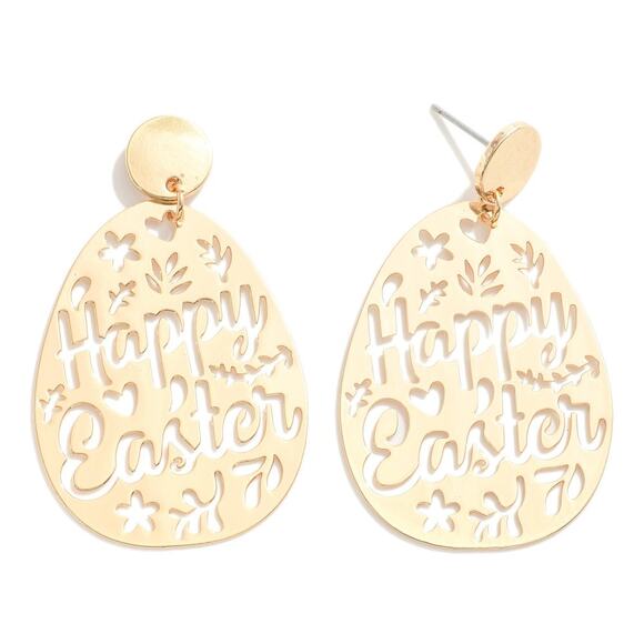Happy Easter Design Brass Drop Dangle Earrings Gold - Picture 1 of 3